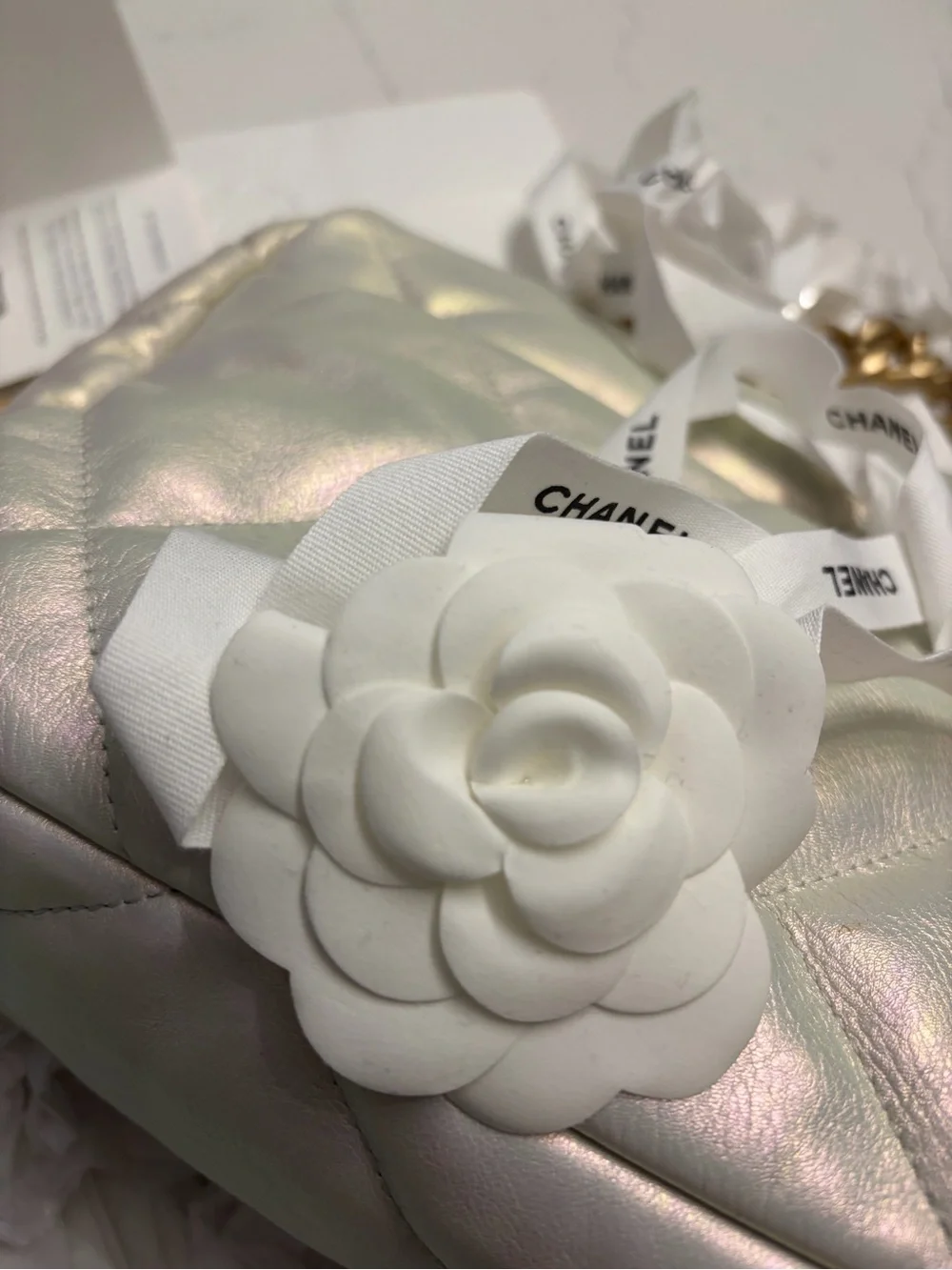 Authentic Chanel 19 Flap Bag Medium – Iridescent White Pearlescent Calfskin